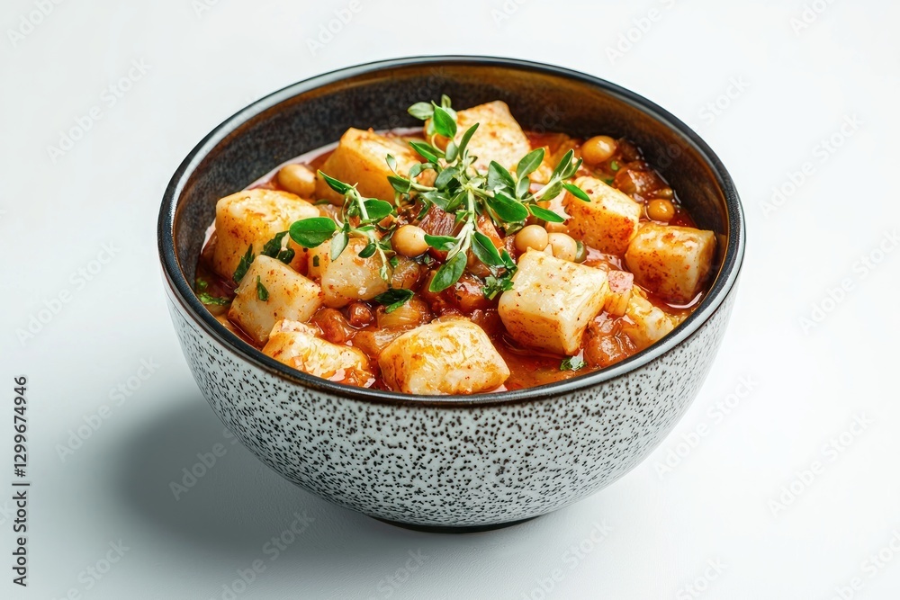 Appetizing bowl featuring braised potato cubes chickpeas thyme herb delicious culinary delight food photography closeup style Appetizing bowl featuring braised potato cubes chickpeas thyme herb delicious culinary delight food photography closeup style