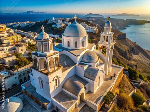 Santorini Cathedral Aerial View: Candlemas Church, Greece, Cyclades Island, Whitewashed Buildings