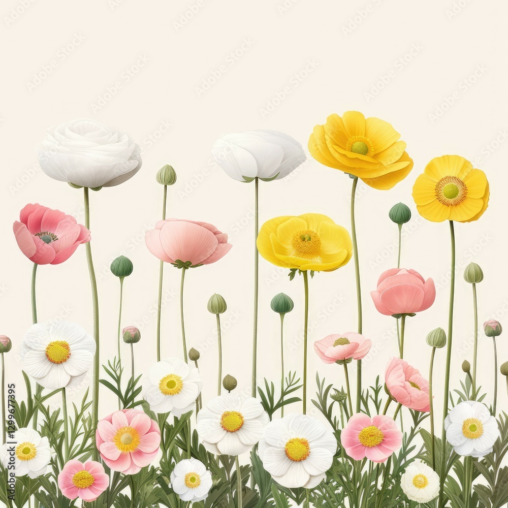 Fototapeta premium Vibrant Spring Garden with Colorful Flowers on a Soft Neutral Background