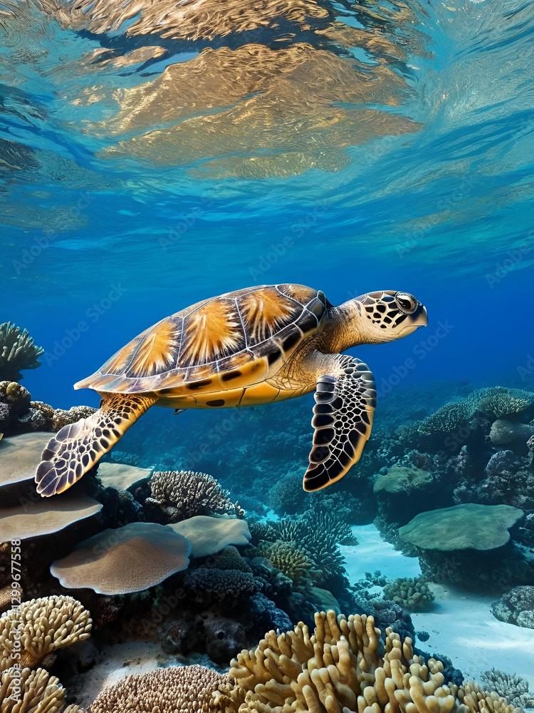 Fototapeta premium Hawksbill Sea Turtle feeding on a tropical coral reef