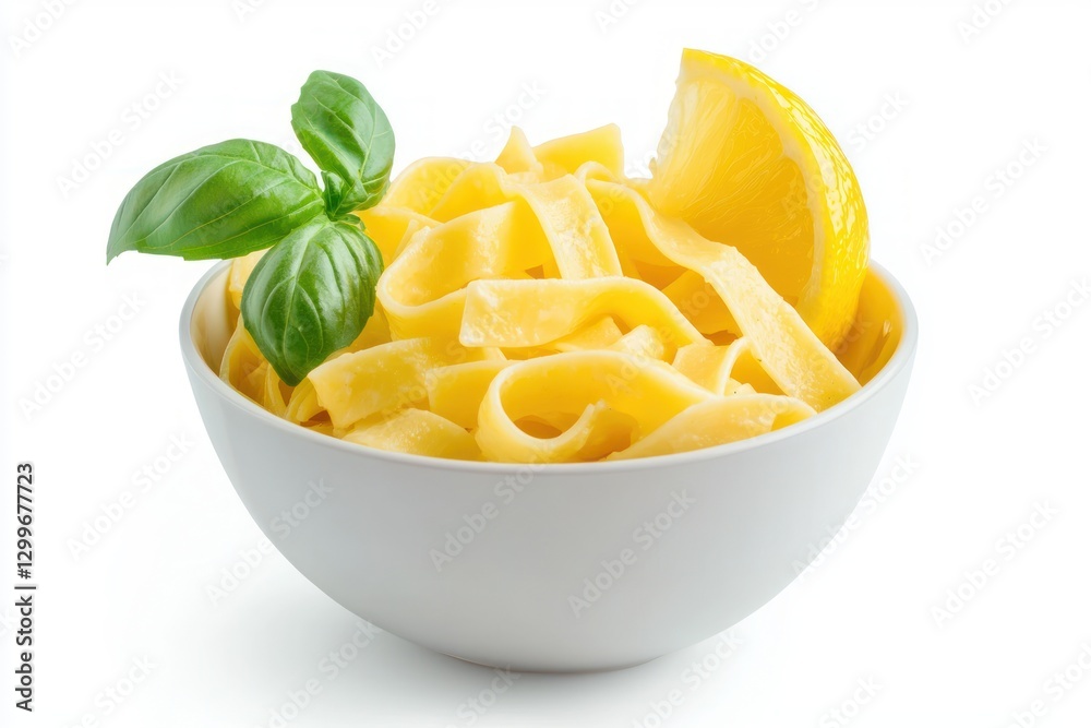 Pasta with Lemon and Basil in a White Bowl on a White Background Minimalist Culinary Still Life Photography Pasta with Lemon and Basil in a White Bowl on a White Background Minimalist Culinary Still Life Photography
