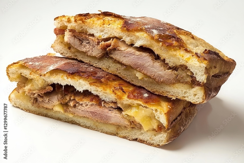 Savory rustic panini stacked on a clean white background showcasing tender meat and melted cheese in a studio light Savory rustic panini stacked on a clean white background showcasing tender meat and melted cheese in a studio light