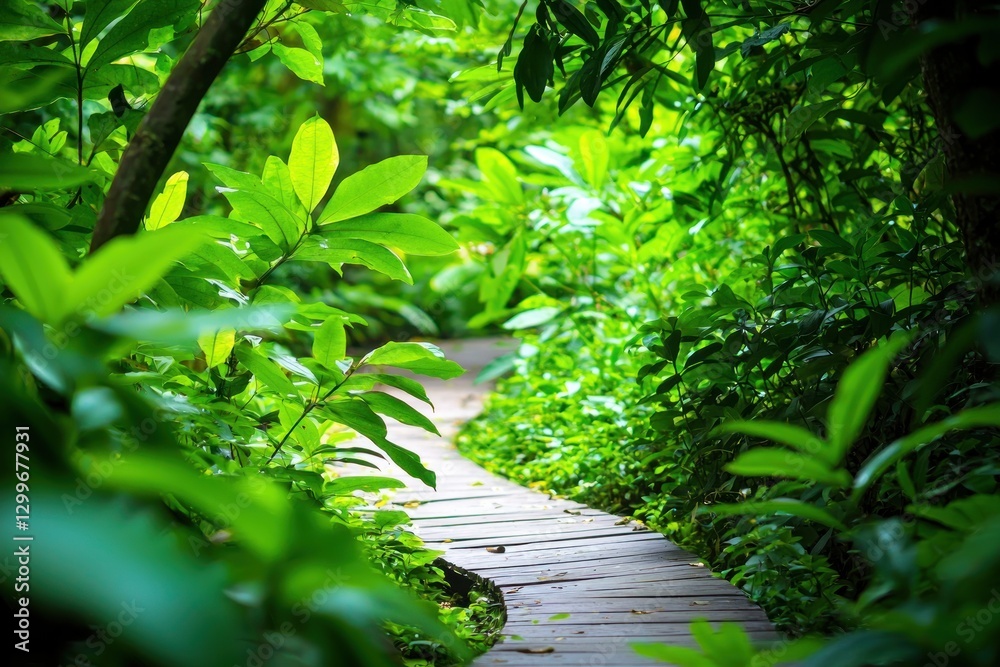 Lush Green Path Through Tropical Jungle Revealing Wooden Walkway Surrounded by Vibrant Foliage Lush Green Path Through Tropical Jungle Revealing Wooden Walkway Surrounded by Vibrant Foliage