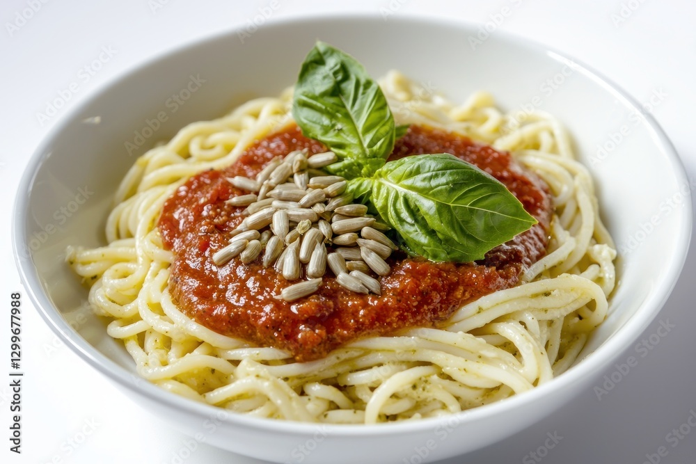 Appetizing spaghetti pasta topped with rich tomato sauce sunflower seeds and basil leaves in white bowl