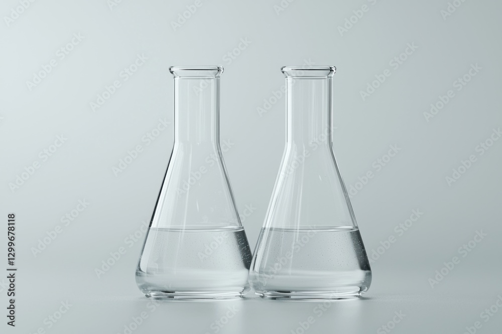 Laboratory glassware concept capturing two clear beakers with water against a seamless grey backdrop research study Laboratory glassware concept capturing two clear beakers with water against a seamless grey backdrop research study