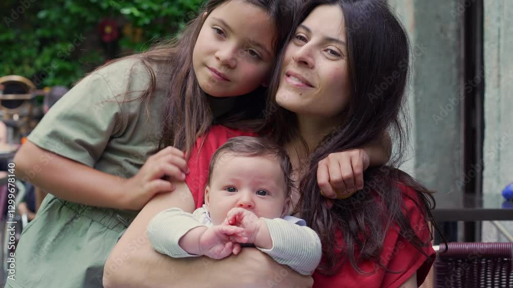 Mother holding baby while young girl hugs them from behind, sharing a warm family moment. The family displays closeness and happiness in an outdoor setting Mother holding baby while young girl hugs them from behind, sharing a warm family moment. The family displays closeness and happiness in an outdoor setting
