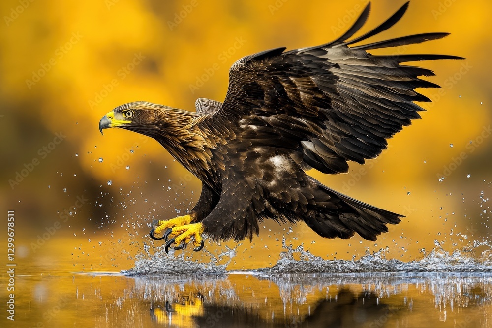Fototapeta premium Eagle Skimming Crystal Clear Lake with Talons Breaking Water Surface