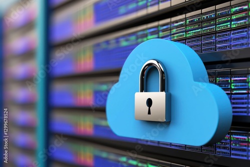 Azure Cloud Lock Security on Data Server Rack Modern Cyber Safe Digital Network Connection Storage