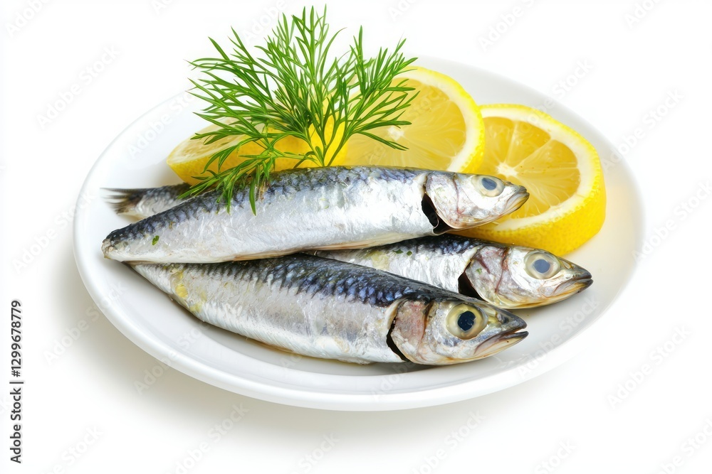 Fresh Sardines with Lemon Slices and Dill Sprigs Served on White Plate Ready to Eat Culinary Still Life Fresh Sardines with Lemon Slices and Dill Sprigs Served on White Plate Ready to Eat Culinary Still Life