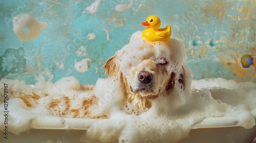 A Golden Retriever dog in a bathtub, covered in bubbly soap with a small yellow rubber duck perched on its head.