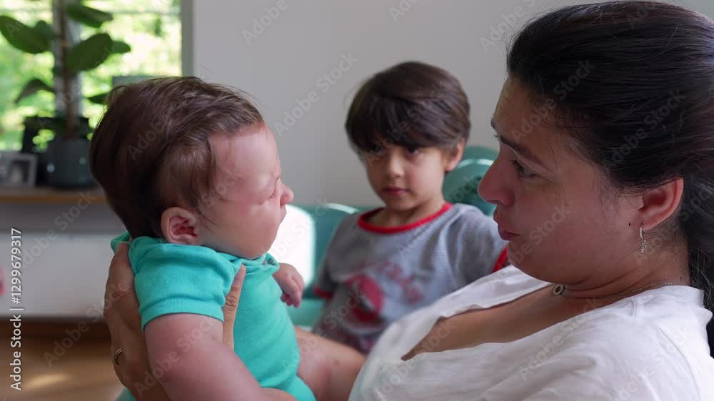 Mother holding crying baby while older brother looks on, showing family interaction and emotions in a home environment with tenderness and care Mother holding crying baby while older brother looks on, showing family interaction and emotions in a home environment with tenderness and care