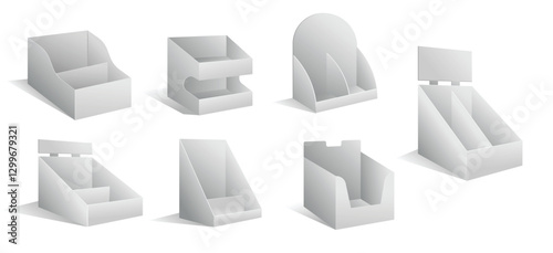 Set of Realistic Retail Store Display Shelving Units isolated on white  