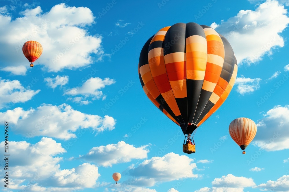Obraz premium Hot air balloon adventure over a vibrant blue sky with fluffy clouds for freedom and travel inspiration