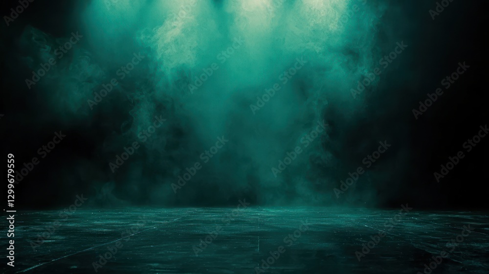 Naklejka premium Ethereal Emerald Smoke Abstract Visual Effect A Moody Evocative Background Stage Backdrop Teal Mist Texture Spotlight
