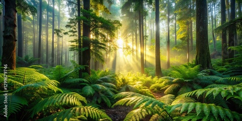 Serene Forest Sunlight: Lush Ferns & Tall Trees, Peaceful Nature Scene
