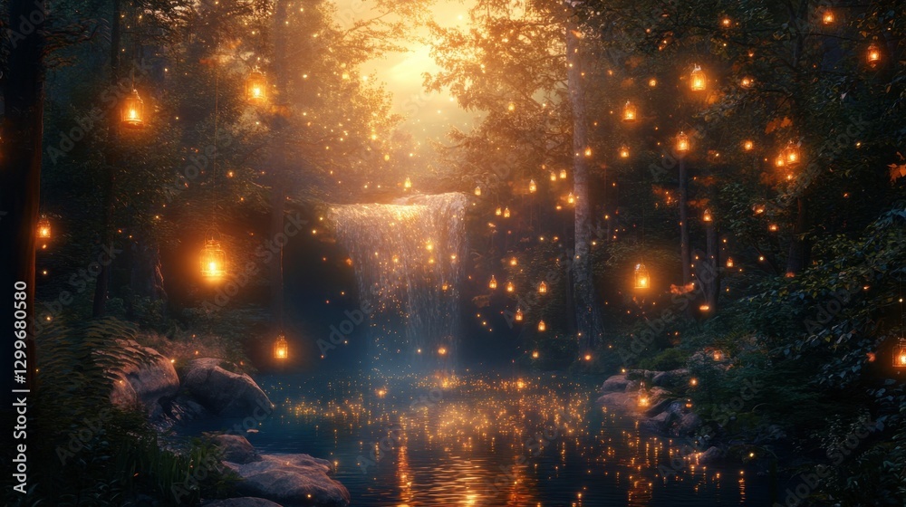 Fototapeta premium A magical pine forest with floating lanterns, sparkling lights in the trees, and a mystical glowing waterfall in the background.