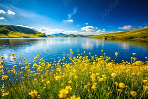 Serene Lakeside Wildflowers: Yellow Blooms in Blue Lake, Grassland Hills Under Clear Sky
