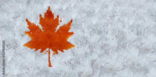 Canadian Maple Syrup shaped as a leaf representing authentic boiled sweet tree sap on snow as a traditional spring food culture from Quebec Ontario and Eastern Canada produced in a sugar shack.