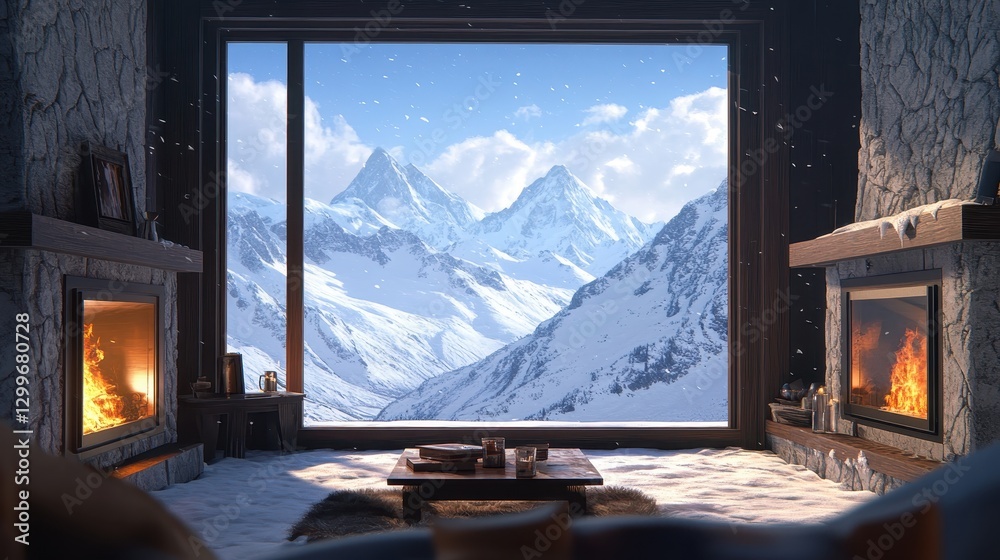 Fototapeta premium Cozy Mountain Cabin Winter Fireplace Snow Scene