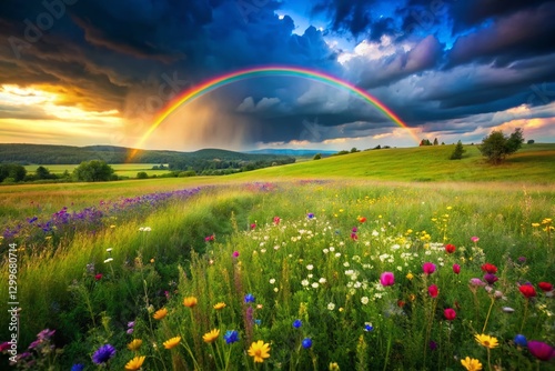 Serene Meadow Wildflowers Rainbow Tilt-Shift Post-Storm