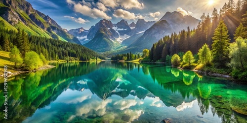 Serene Mountain Lake Landscape: Calm Water, Majestic Peaks, Stunning Nature Photography