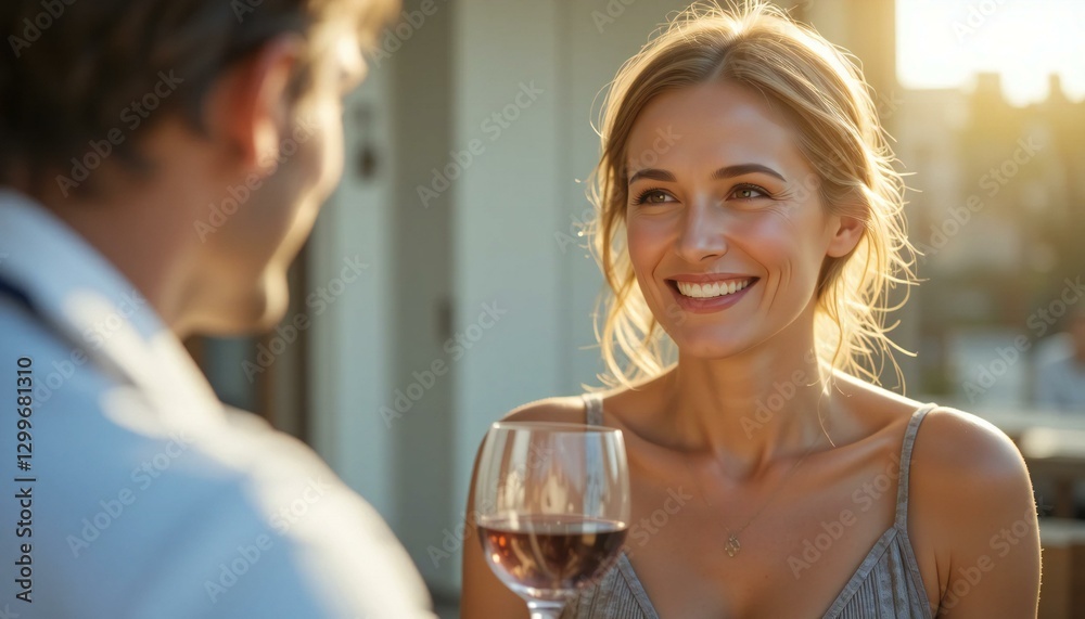 A Woman Hand Holding Wine Glass and Smiling Happily. A Woman Hand Holding Wine Glass and Smiling Happily.