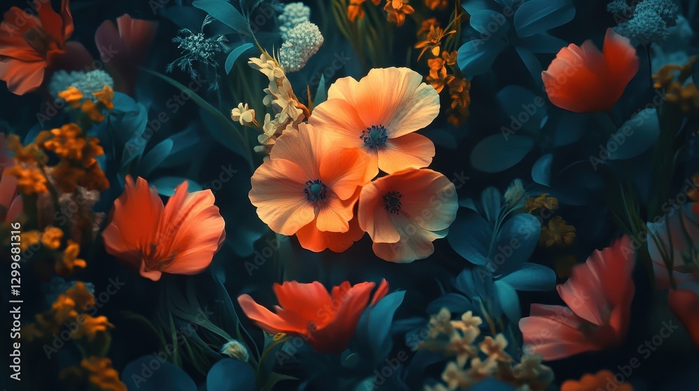 Dark Moody Floral Still Life  Orange and Teal Flowers