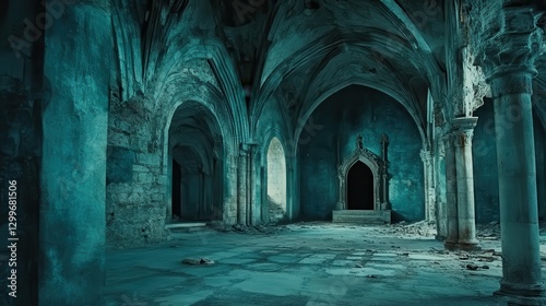 Eerie Gothic Ruins  Ancient Cathedral Interior  Dark Teal  Mysterious Architecture