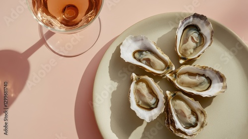 Fresh Oysters on Plate with Ros  Wine
