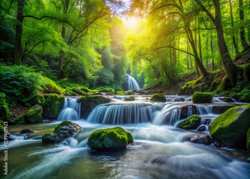 Serene Summer River Stream in Lush Wild Forest Cascade Landscape Photography