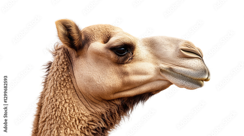 Obraz premium Closeup of a camel with a hump isolated, showcasing a desert animal used for transportation, ideal for Middle Eastern, desert travel, and livestock themes.