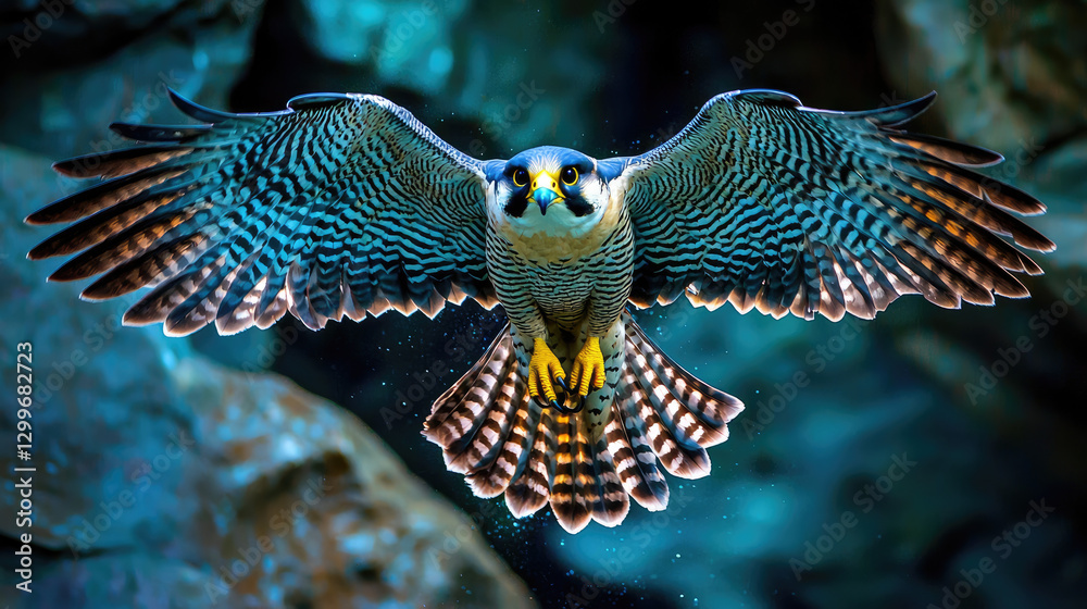 Obraz premium Majestic peregrine falcon in mid-flight against a rocky underwater backdrop, showcasing vibrant feathers
