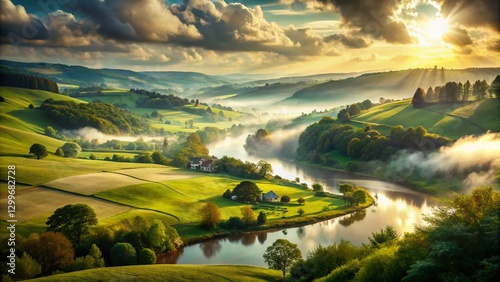 Serene Valley Landscape: Double Exposure of Rolling Hills, River, and Villages at Sunset
