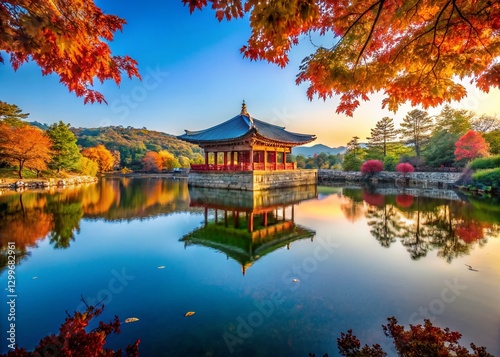 Serene Wolji Pond in Gyeongju National Park, South Korea:  Tranquil Autumn Scenery with Copy Space photo