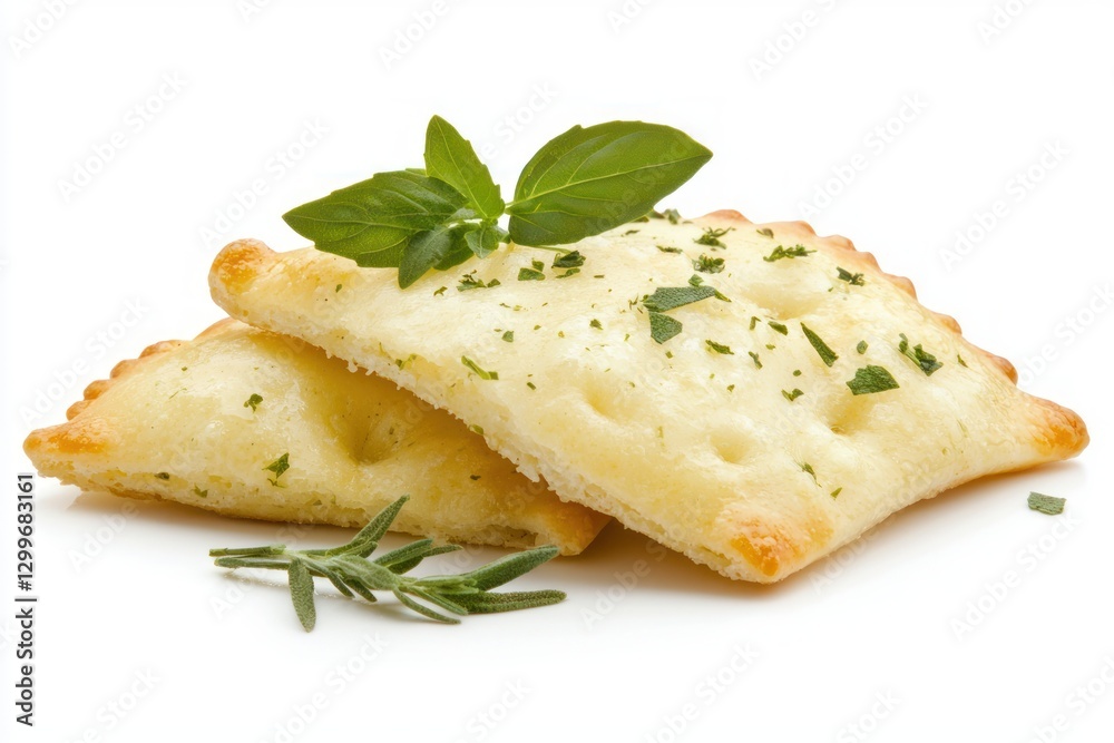 Golden Garlic and Rosemary Focaccia Crackers on White Backdrop with Fresh Basil for Appetizer Display