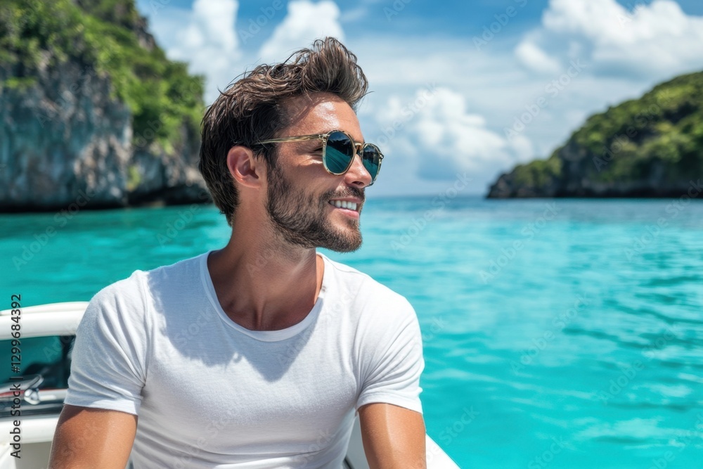 Young Man Enjoying a Scenic Boat Ride on Clear Tropical Waters Young Man Enjoying a Scenic Boat Ride on Clear Tropical Waters