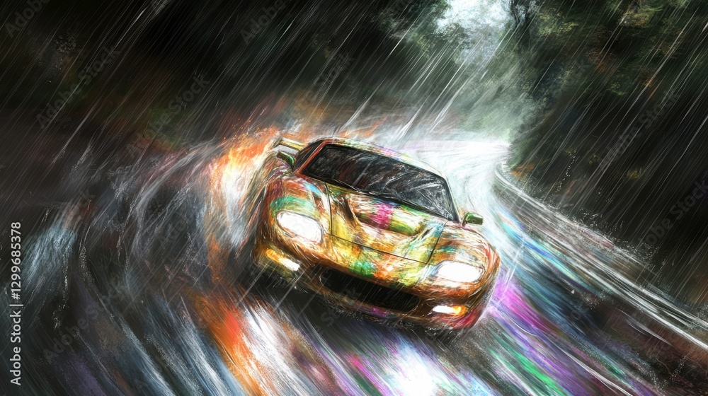 Naklejka premium Colorful Car Racing Through Rain with Blurred Background