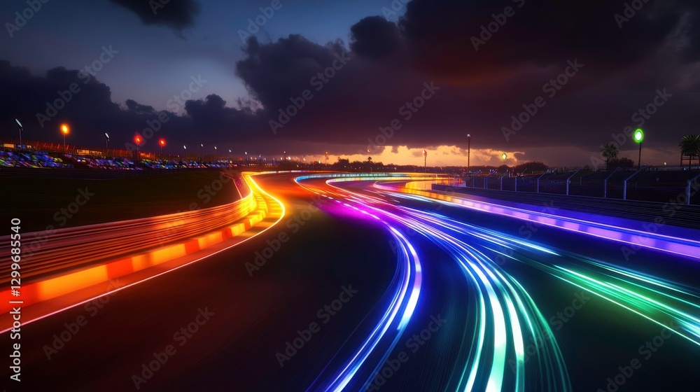 Obraz premium Colorful Glowing Streaks on a Dark Racing Track