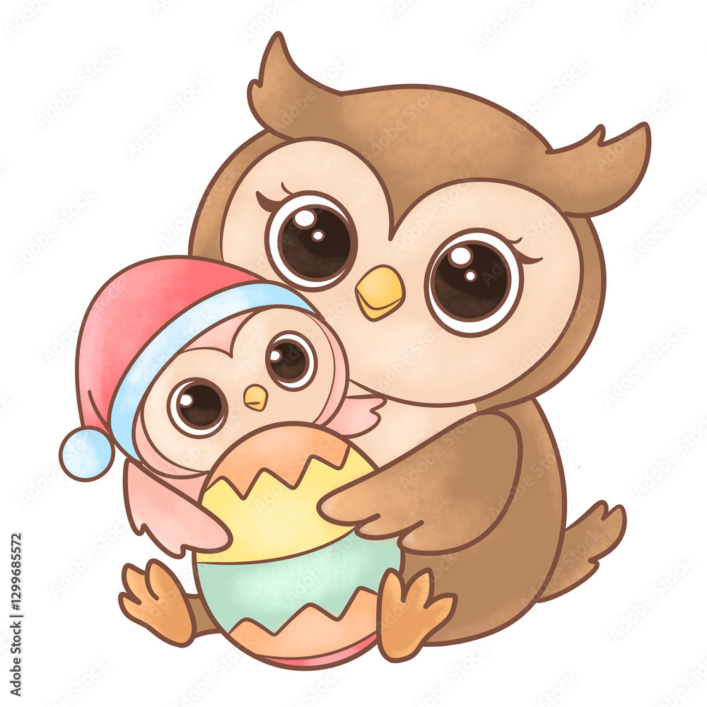 Obraz premium A mother and baby owl hugging a cute-colored Easter egg, painted with a watercolor texture.