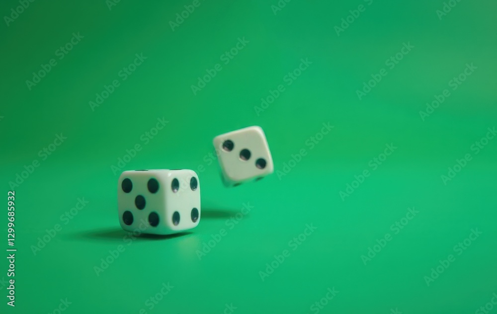 Two Dice Rolling on Vibrant Green Background for Game and Luck Concepts Two Dice Rolling on Vibrant Green Background for Game and Luck Concepts