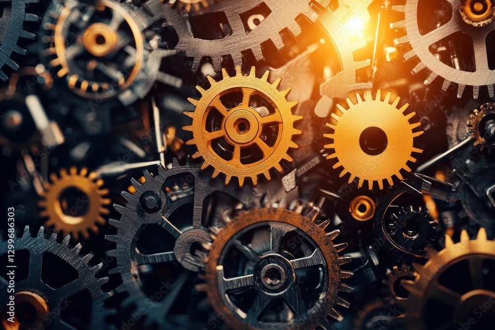 Intricate gold and silver cogwheel mechanism displaying complex engineering precision and clockwork gears in motion Intricate gold and silver cogwheel mechanism displaying complex engineering precision and clockwork gears in motion