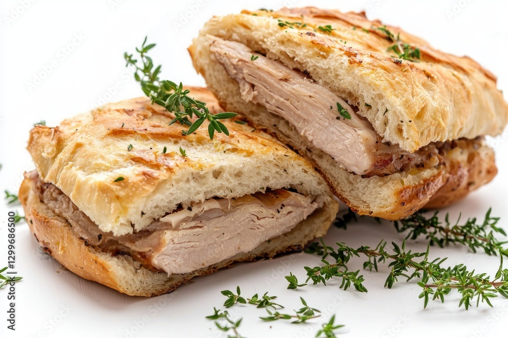 Mouthwatering chicken sandwich on crusty bread garnished with fresh thyme against a clean white background Mouthwatering chicken sandwich on crusty bread garnished with fresh thyme against a clean white background