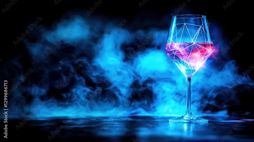 Fototapeta premium A glowing glass of pink liquid surrounded by blue smoke, creating a mystical and enchanting atmosphere.
