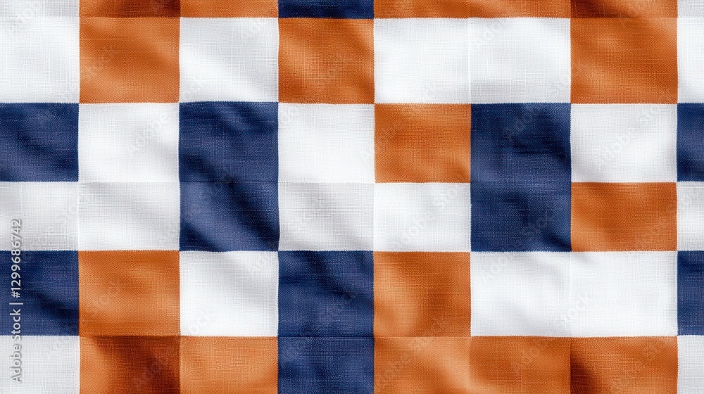 Fototapeta premium A colorful fabric featuring a checkered pattern with orange, blue, and white squares, showcasing texture and design.