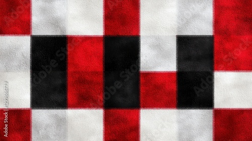 A colorful textile pattern featuring squares in red, black, and white hues, creating a cozy and modern design.