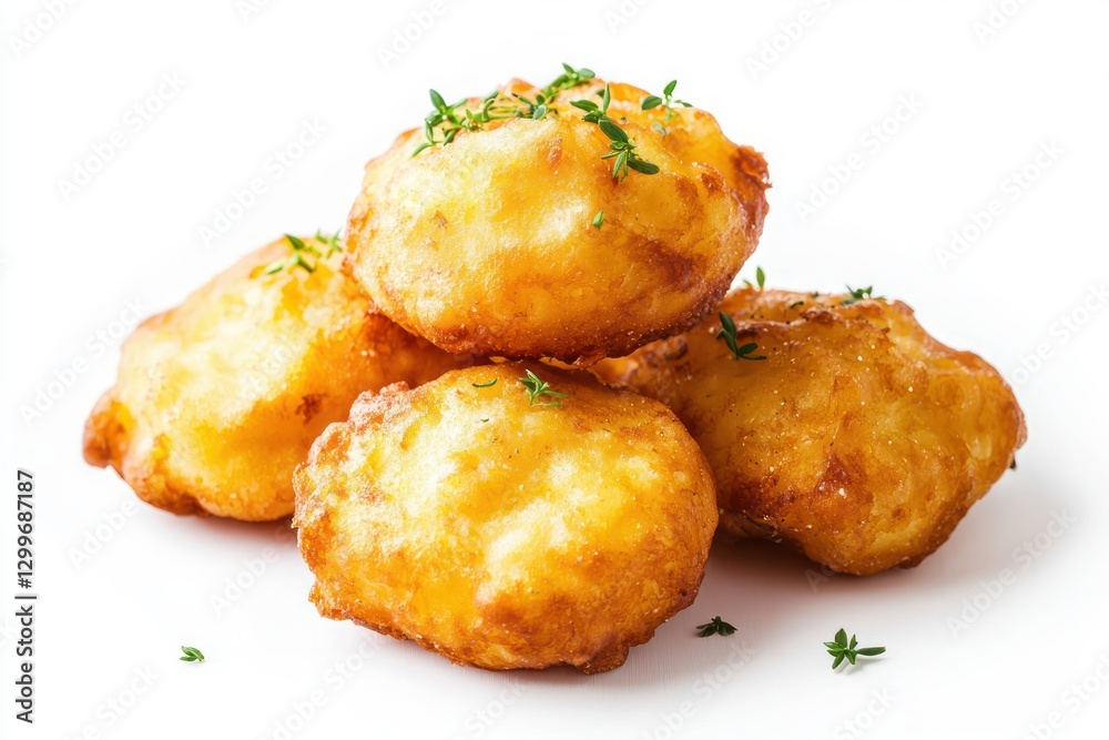 Crispy golden potato dumplings stacked on a white background garnished with fresh thyme creating a tasty appetizer Crispy golden potato dumplings stacked on a white background garnished with fresh thyme creating a tasty appetizer
