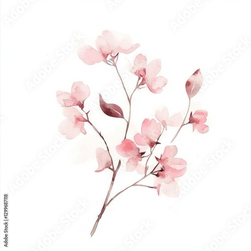 Delicate pink watercolor flower blossoms on branch.