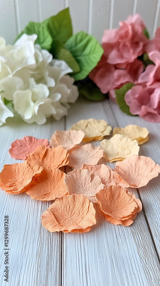 Fototapeta premium Elegant display of pastel flower petals with blurred hydrangeas backdrop