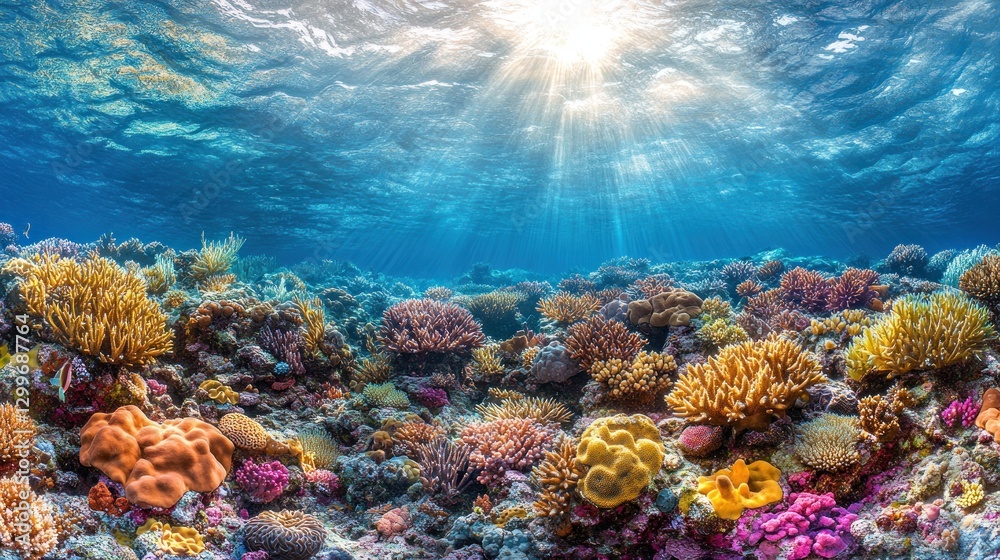 Naklejka premium Sunlit Ocean Coral Reef Seascape