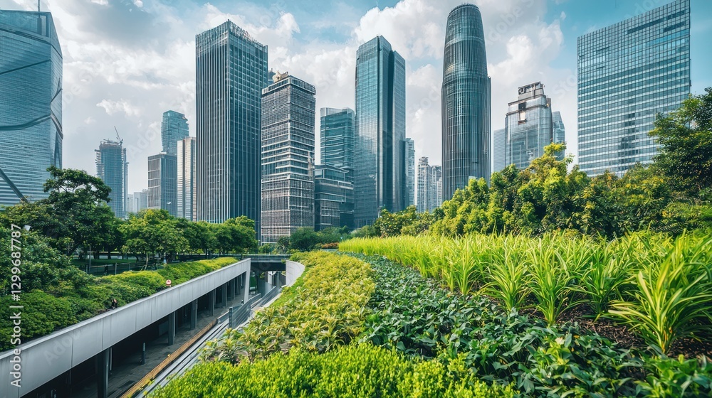 Fototapeta premium Lush green park contrasts modern skyscrapers.
